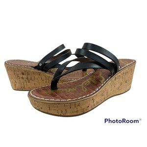 Sam Edelman Platform Cork Wedge Sandals Rasha Thong Sz 9.5 M‎ Black Faux Leather